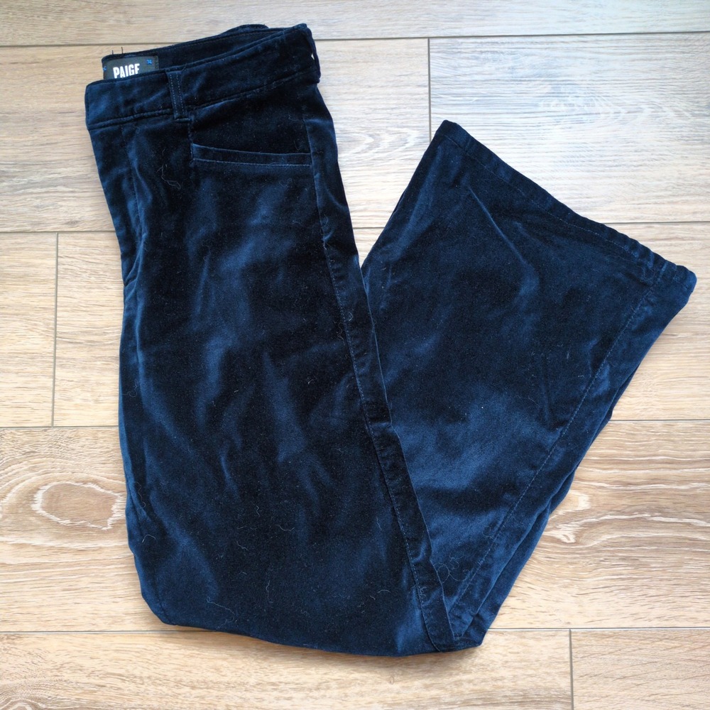 Paige Stretch Velvet Trouser Pants Navy Blue High Rise Wide Leg Festive 29